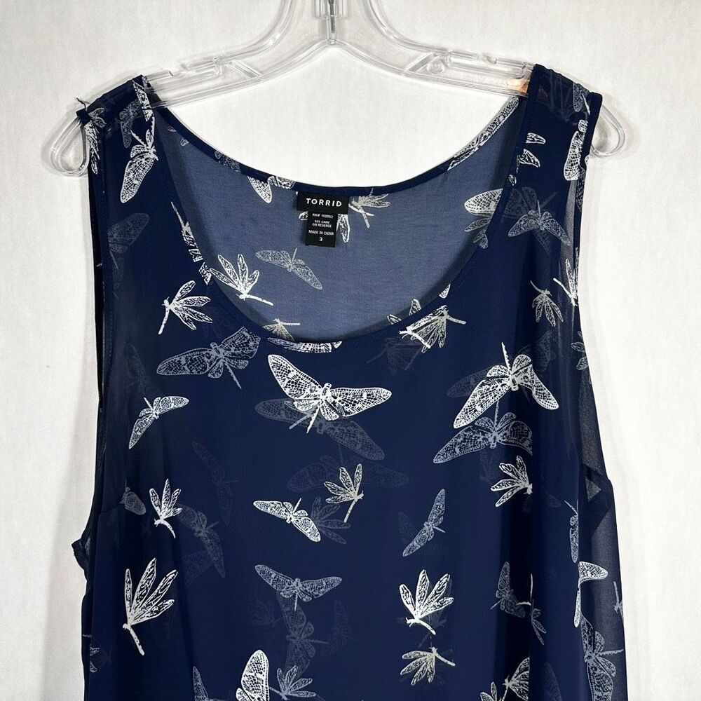 Torrid Plus Size 3X Tank Top Navy Blue Dragonfly Print Ruffle High‎ Low 1562 - Picture 4 of 10